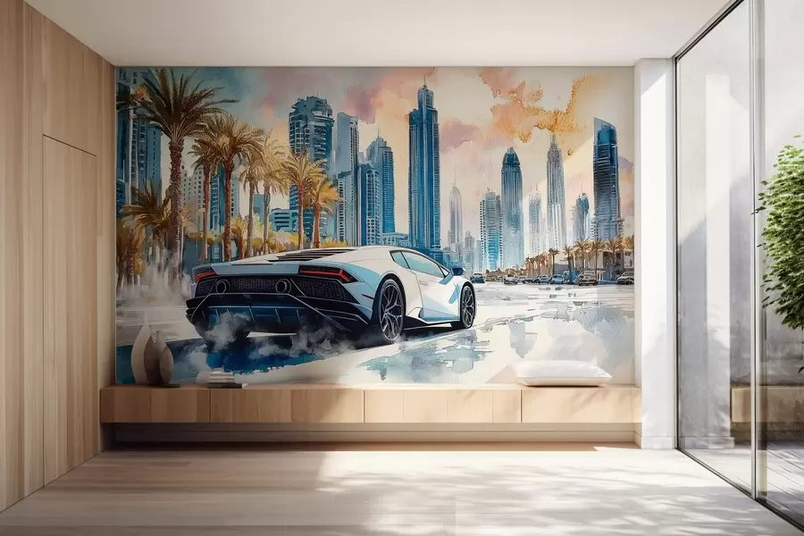 zidne murale Bijeli moderni sportski automobil juri na pozadini palmi i nebodera u tehnici slobodnog akvarela w01963