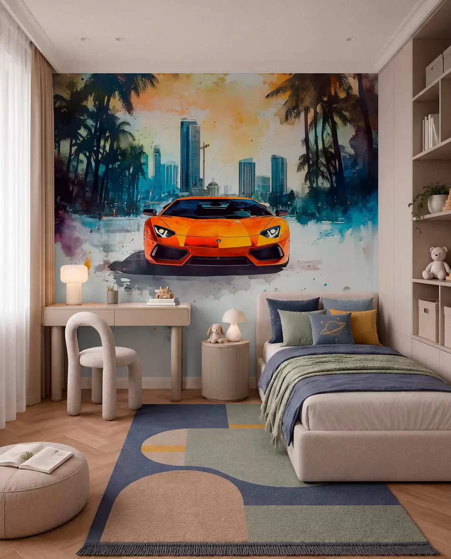 zidne murale Naslikani narančasti auto w01964