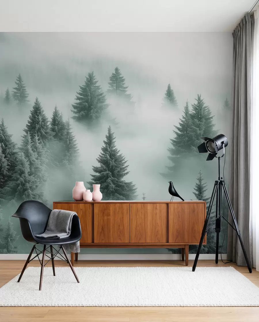 zidne murale Gusta magla obavija snježnu jutarnju šumu u nijansama zelene w02064v1