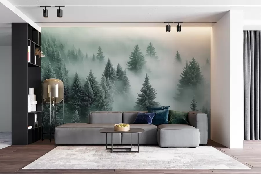 zidne murale Gusta magla obavija snježnu jutarnju šumu u nijansama zelene w02064v1
