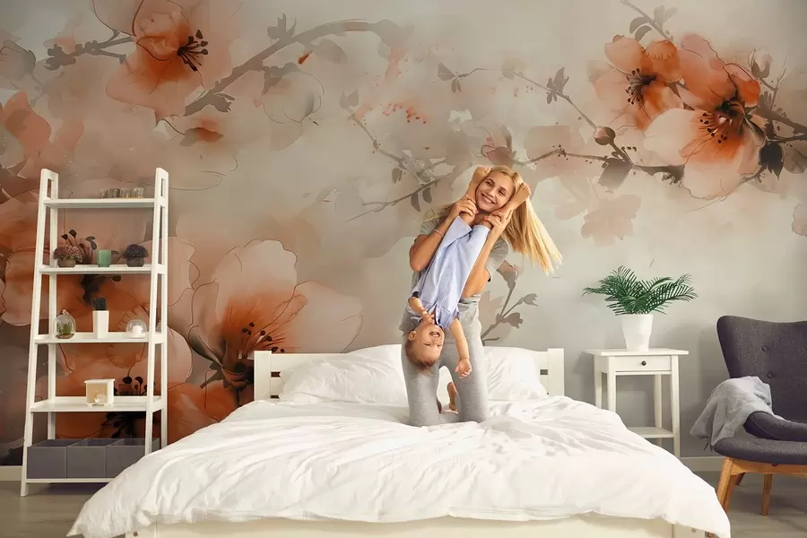 zidne murale Akvarelna kompozicija cvijeća u toplim nijansama breskve i naranče w02068