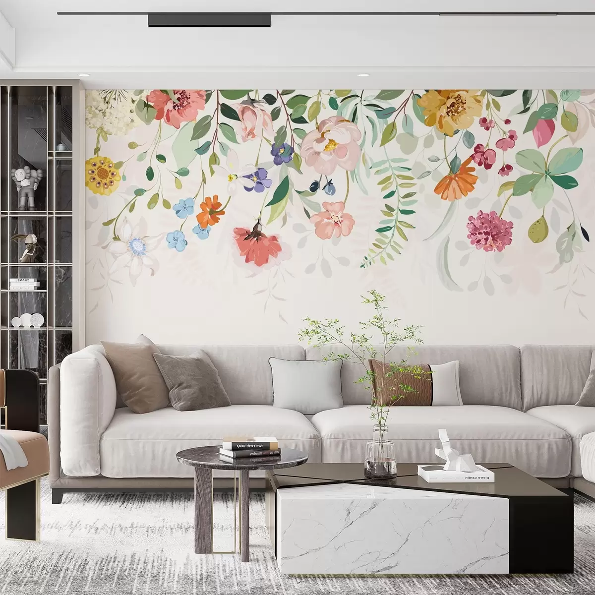 zidne murale svijetlo šareno cvijeće i lišće na vrhu w02201