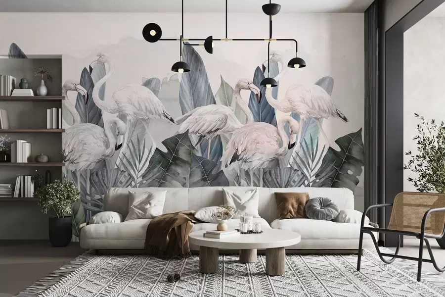 zidne murale Elegantni flamingosi među bujnim lišćem w00505v2