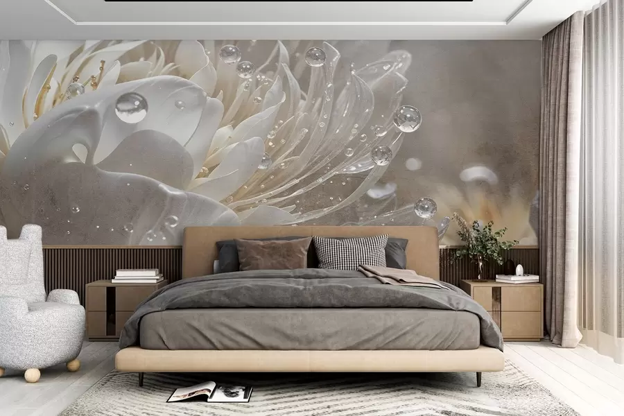 zidne murale Krupni plan bež cvijeta božura s kapljicama vode na nježnim laticama stvara meku atmosferu w08402