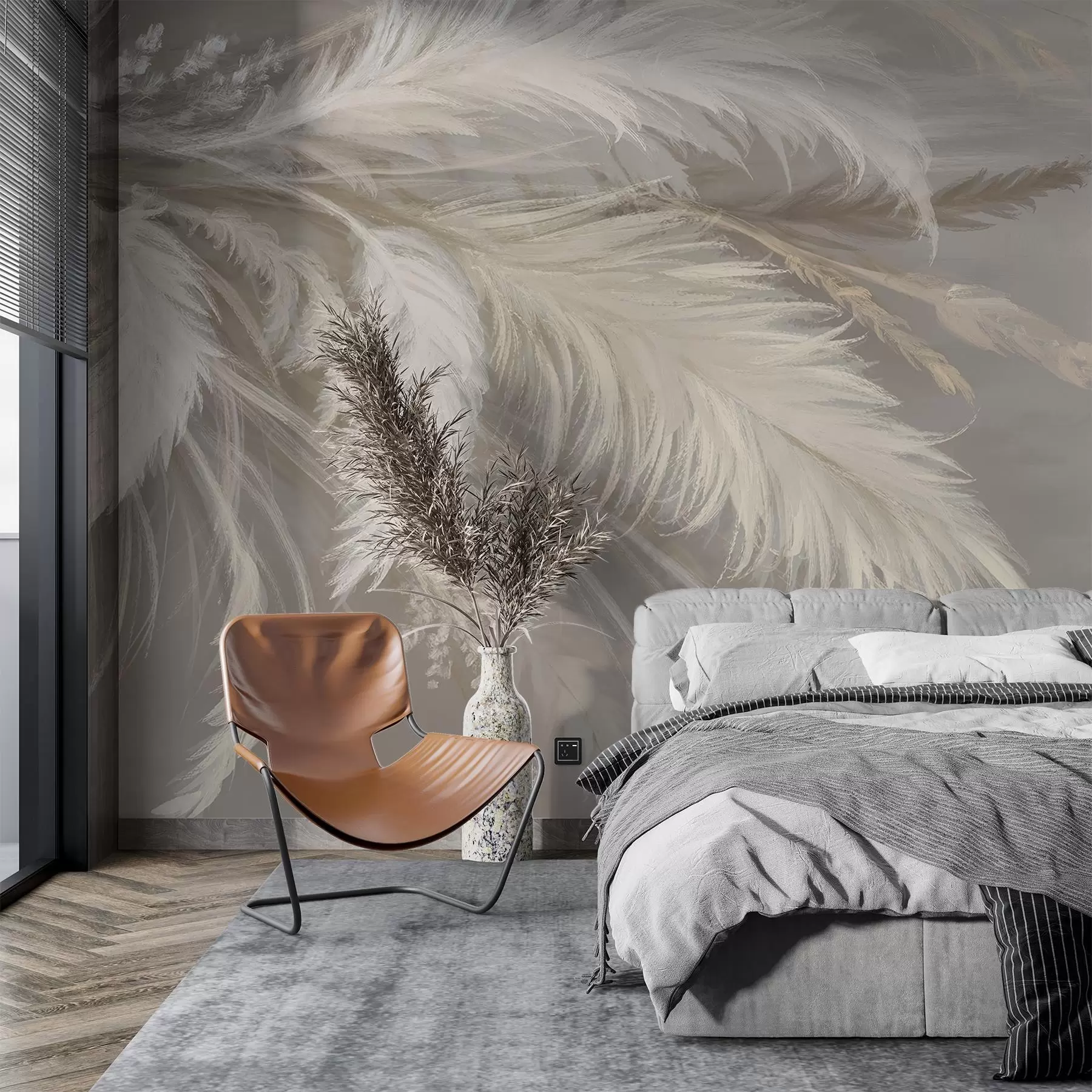 zidne murale Meko, pahuljasto bijelo perje i suho cvijeće na neutralnoj pastelno bež pozadini w08403