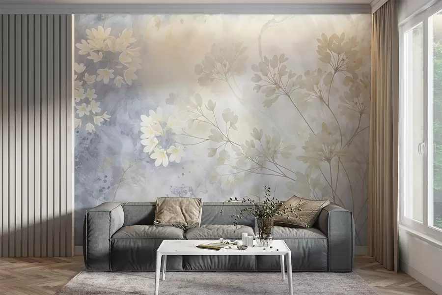 zidne murale Nježni apstraktni pastelni print bijelog cvijeća na zamućenoj pozadini, nježan i eteričan w08408