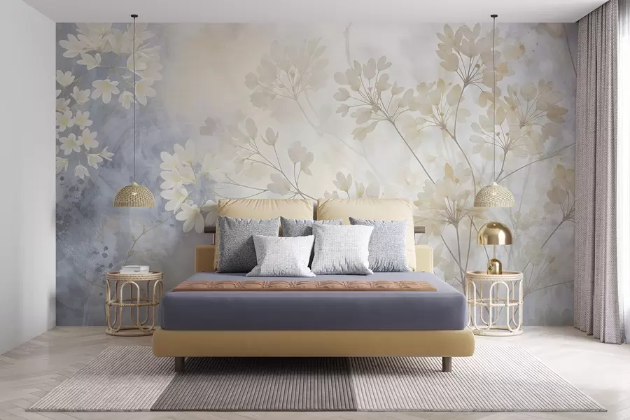 zidne murale Nježni apstraktni pastelni print bijelog cvijeća na zamućenoj pozadini, nježan i eteričan w08408