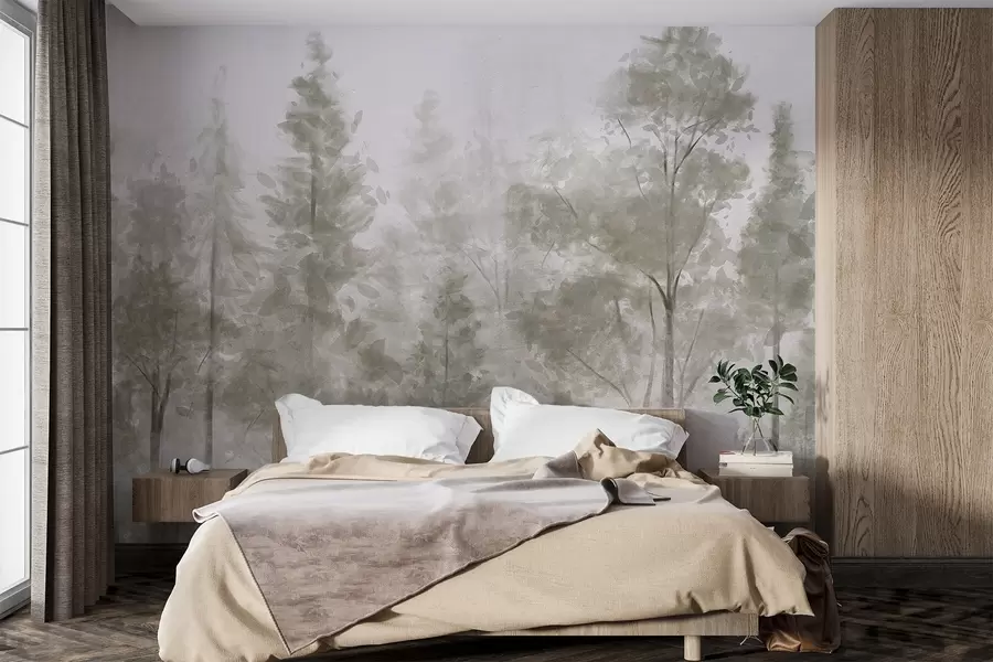 zidne murale Visoki teksturirani borovi u maglovitoj šumi, s magličastom atmosferom w08411