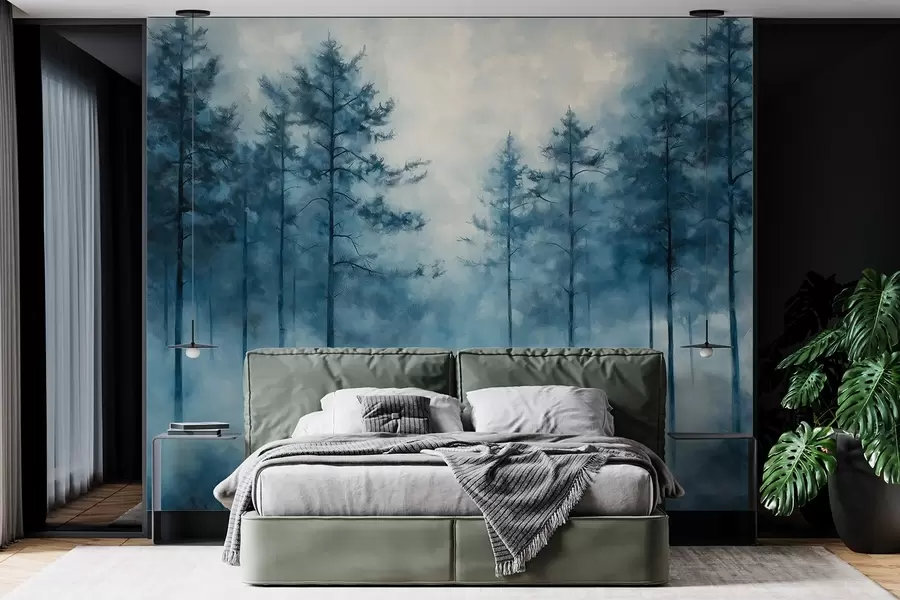 zidne murale Mistična šuma, borovi, magla, akrilne boje, duboke plave boje w02149
