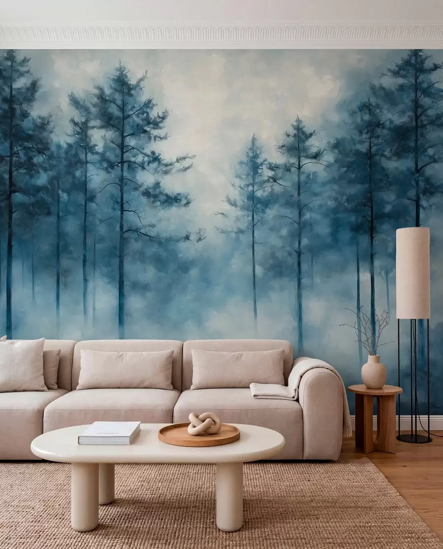 zidne murale Mistična šuma, borovi, magla, akrilne boje, duboke plave boje w02149