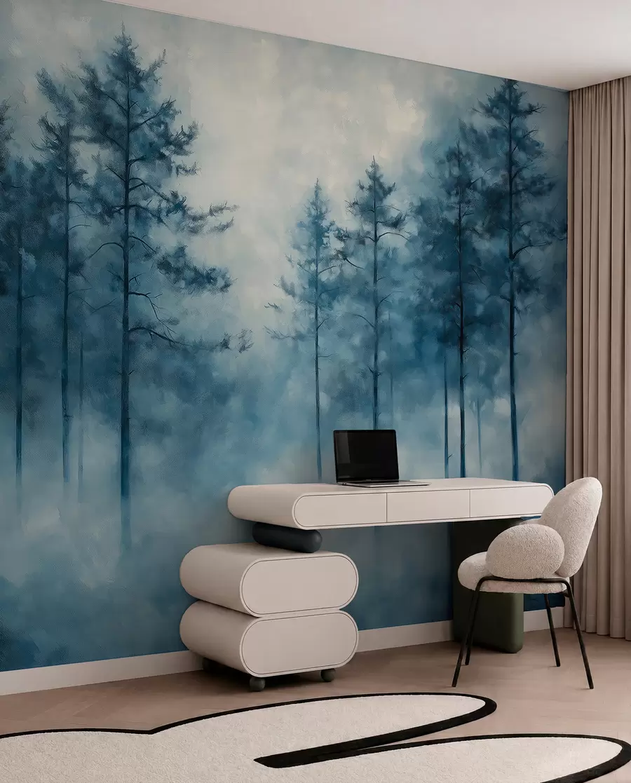 zidne murale Mistična šuma, borovi, magla, akrilne boje, duboke plave boje w02149