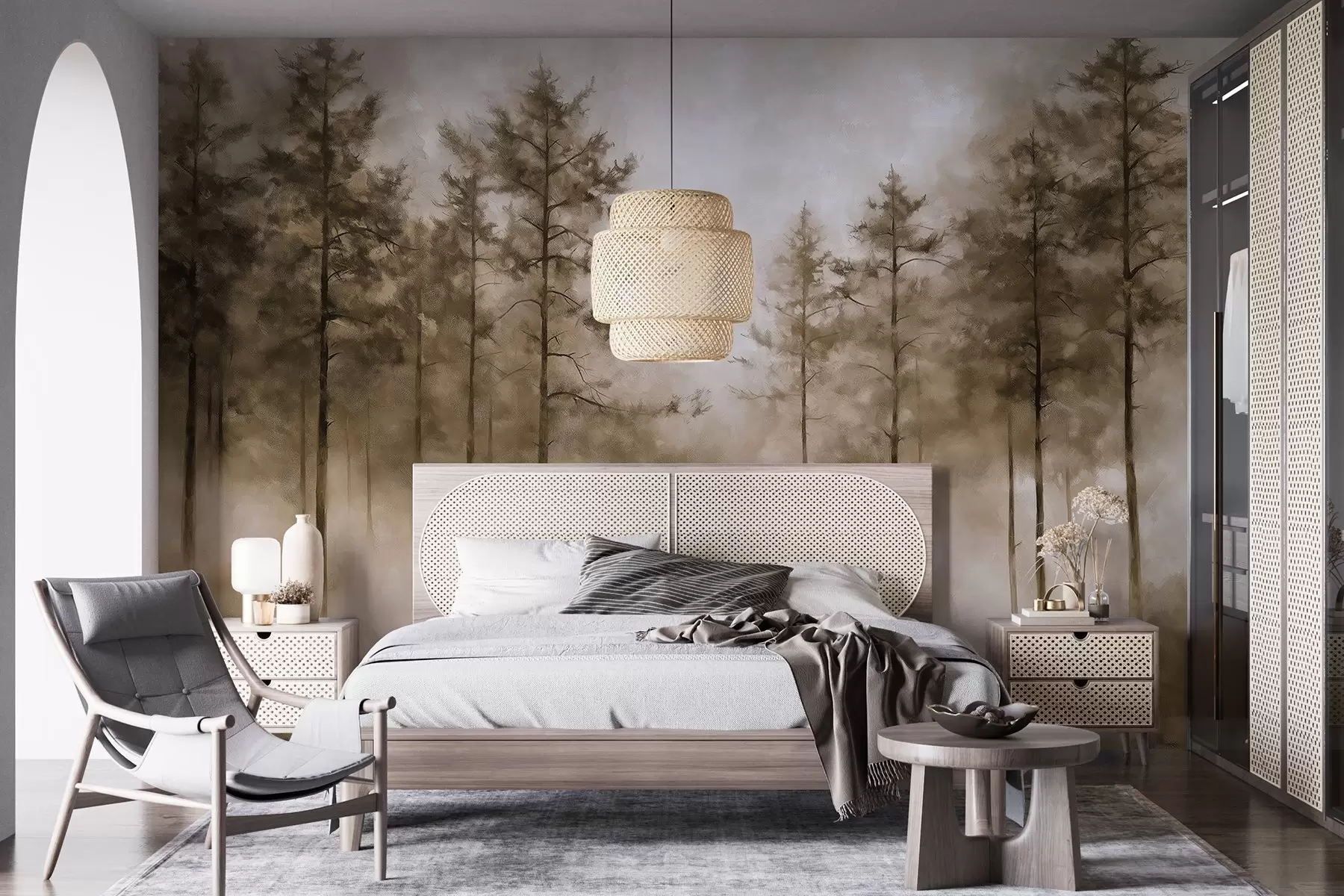 zidne murale Mistična šuma, borovi, magla, akrilne boje, bež boje w02149v1