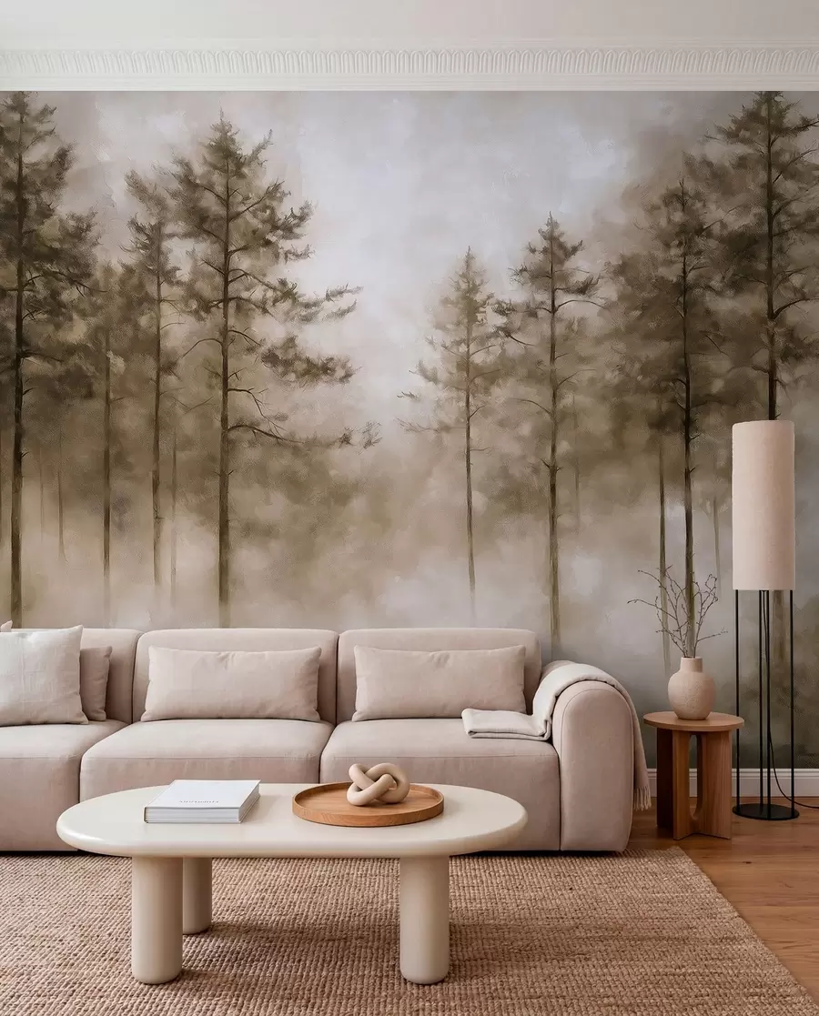 zidne murale Mistična šuma, borovi, magla, akrilne boje, bež boje w02149v1
