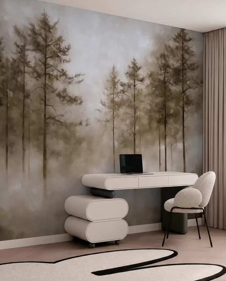 zidne murale Mistična šuma, borovi, magla, akrilne boje, bež boje w02149v1