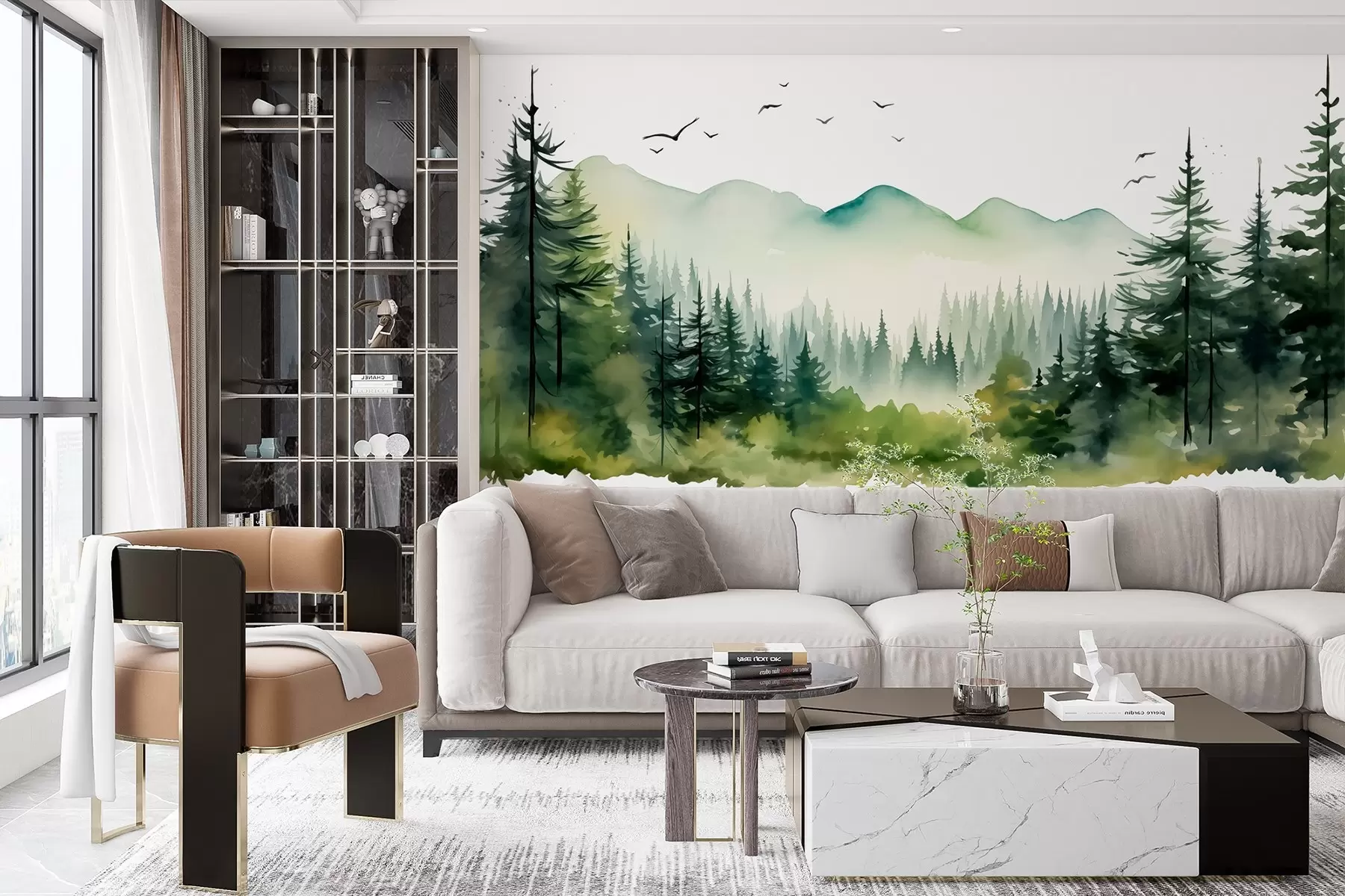 zidne murale Akvarel šumski i planinski pejzaži, zelena paleta boja  w02150