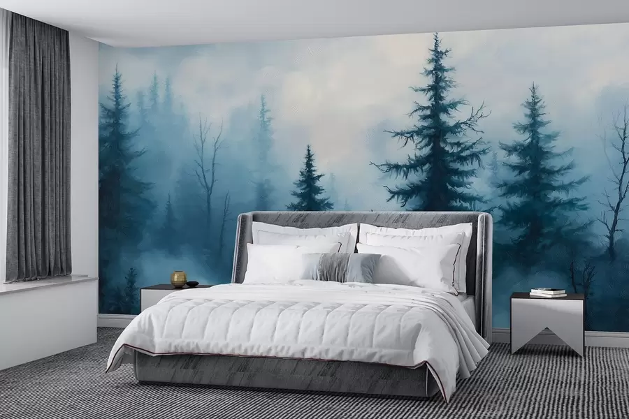 zidne murale Tamno plava šuma, ulje na platnu, potezi kistom, priroda w02153
