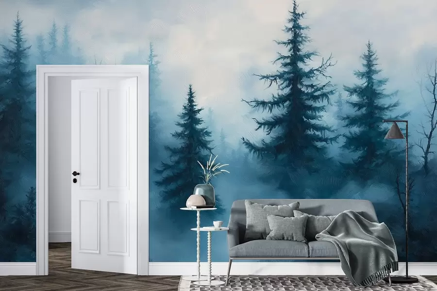 zidne murale Tamno plava šuma, ulje na platnu, potezi kistom, priroda w02153