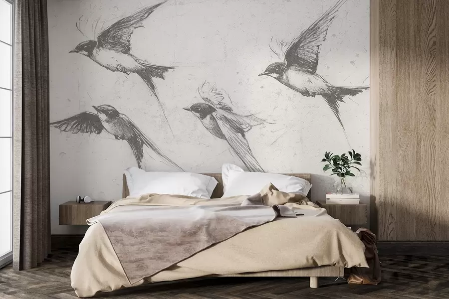 zidne murale Ptice koje lete, crtež tušem, minimalizam, sive boje w02155