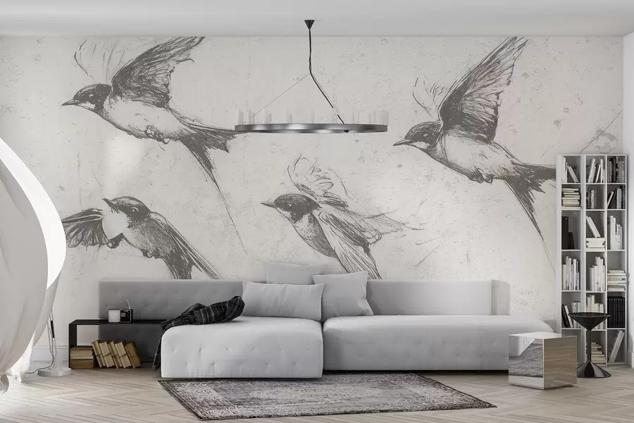 zidne murale Ptice koje lete, crtež tušem, minimalizam, sive boje w02155