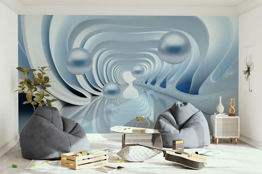 zidne murale Futuristička pozadina s panoramom tunela u perspektivi i letećim biserima w02134