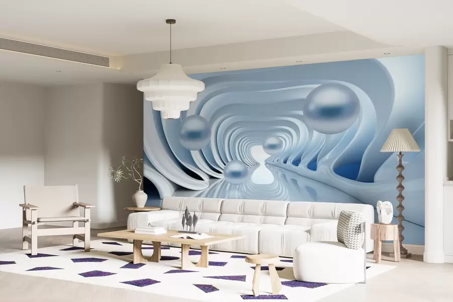 zidne murale Futuristička pozadina s panoramom tunela u perspektivi i letećim biserima w02134