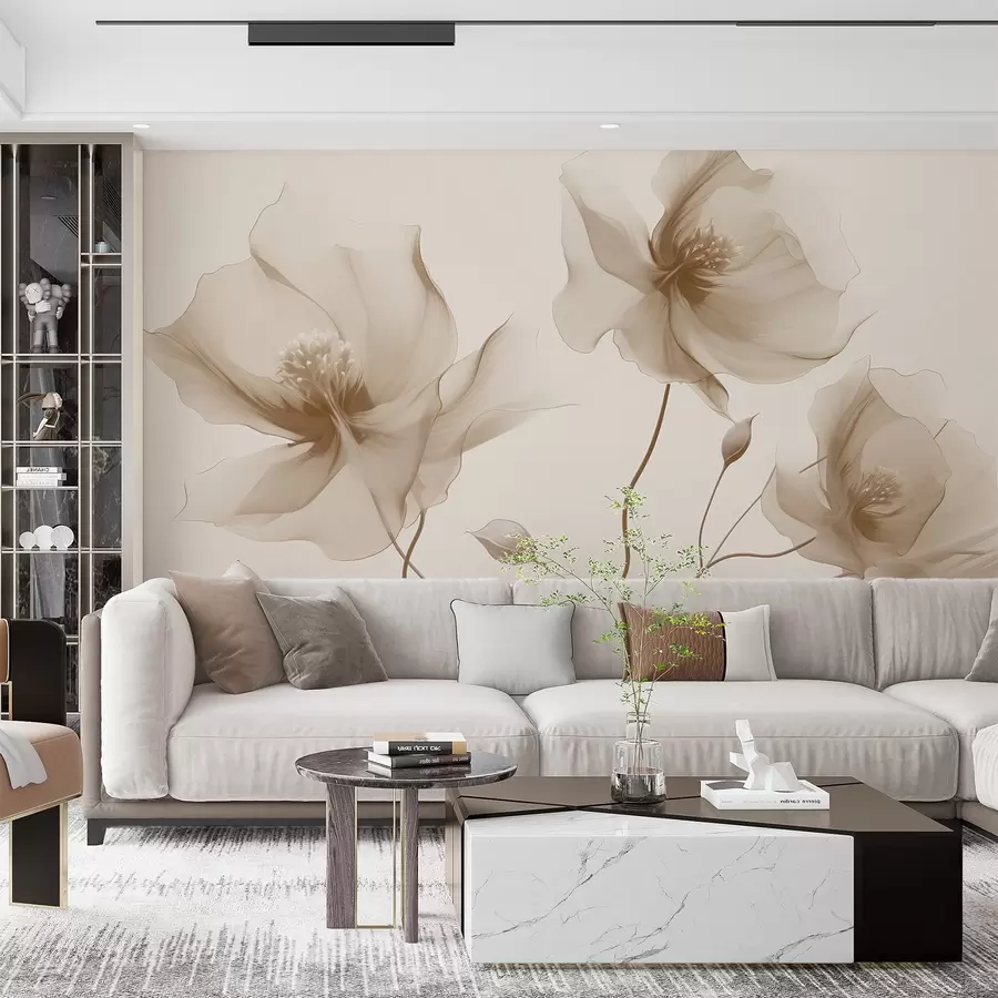 zidne murale Tri graciozna cvijeta s prozirnim laticama, isprepletena trakama svjetla i vjetra u bež tonovima w01932