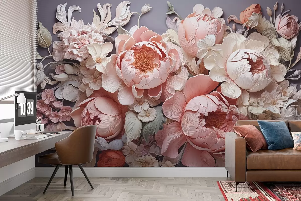 zidne murale Cvjetni aranžman od ružičasto-bež božura i ruža u rokoko stilu u svijetlim bojama w01933v1