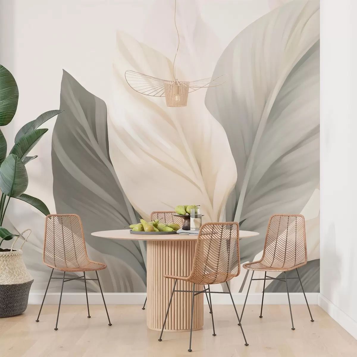 zidne murale Bež i sivo lišće na svijetloj pozadini w02217