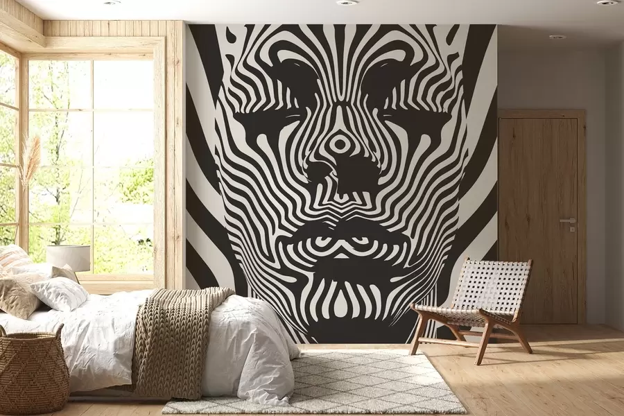 zidne murale Rešetka u op art stilu s apstraktnim licem, valovitim linijama na svijetlo obojenoj pozadini w02285