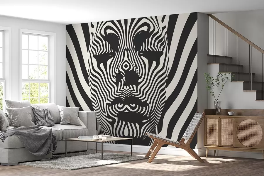 zidne murale Rešetka u op art stilu s apstraktnim licem, valovitim linijama na svijetlo obojenoj pozadini w02285