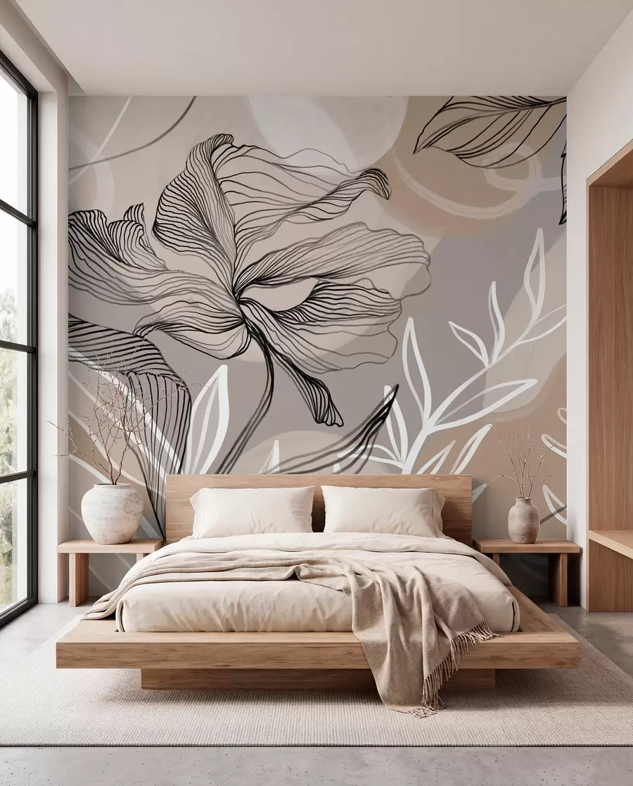 zidne murale Elegantan cvjetni print s velikim apstraktnim linijama cvijeća i lišća u nijansama sive i bež na svijetloj pozadini w08413