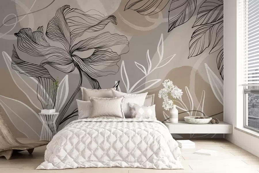 zidne murale Elegantan cvjetni print s velikim apstraktnim linijama cvijeća i lišća u nijansama sive i bež na svijetloj pozadini w08413