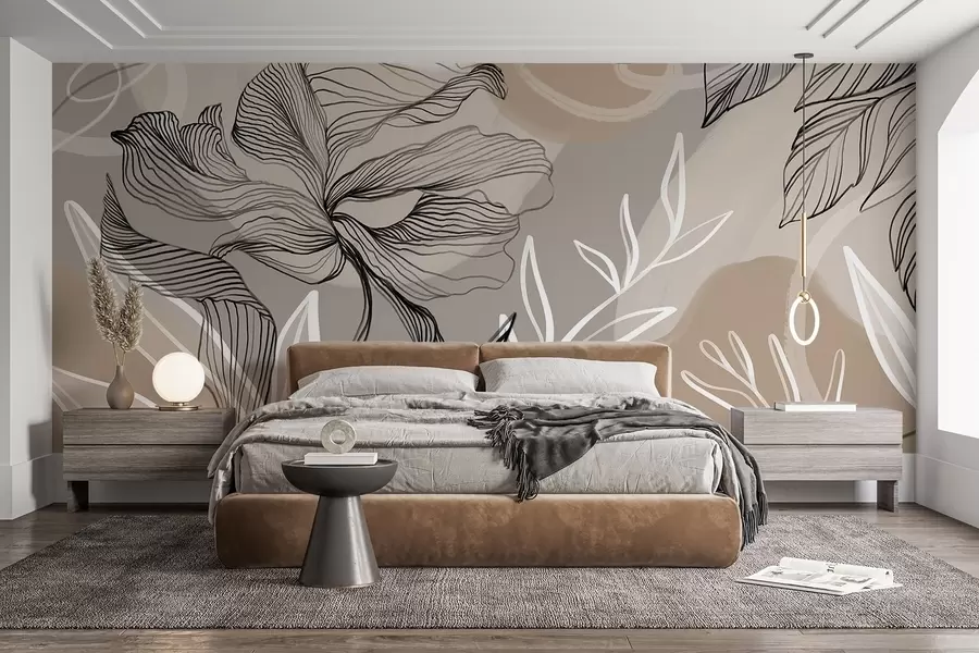 zidne murale Elegantan cvjetni print s velikim apstraktnim linijama cvijeća i lišća u nijansama sive i bež na svijetloj pozadini w08413