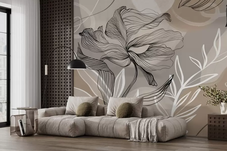 zidne murale Elegantan cvjetni print s velikim apstraktnim linijama cvijeća i lišća u nijansama sive i bež na svijetloj pozadini w08413