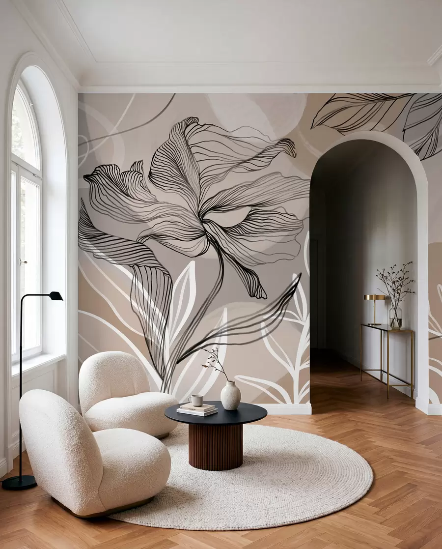 zidne murale Elegantan cvjetni print s velikim apstraktnim linijama cvijeća i lišća u nijansama sive i bež na svijetloj pozadini w08413