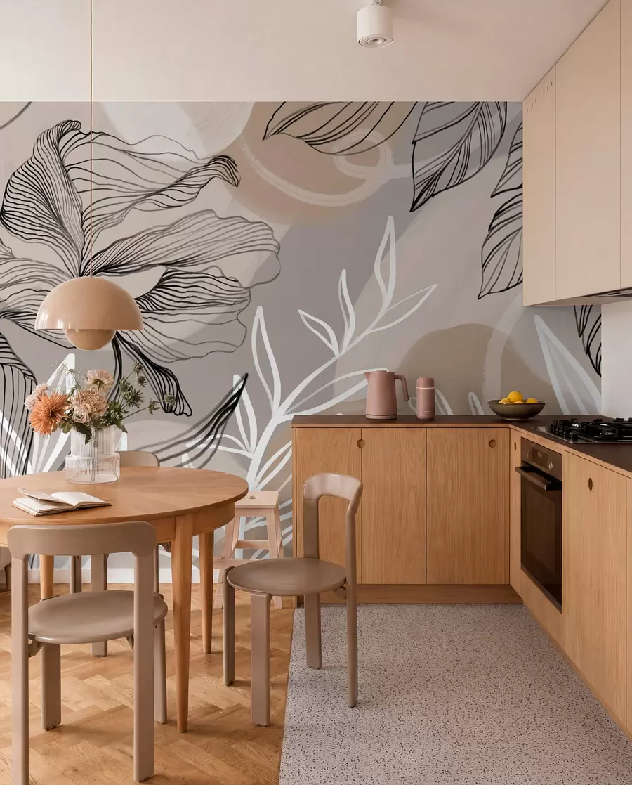 zidne murale Elegantan cvjetni print s velikim apstraktnim linijama cvijeća i lišća u nijansama sive i bež na svijetloj pozadini w08413