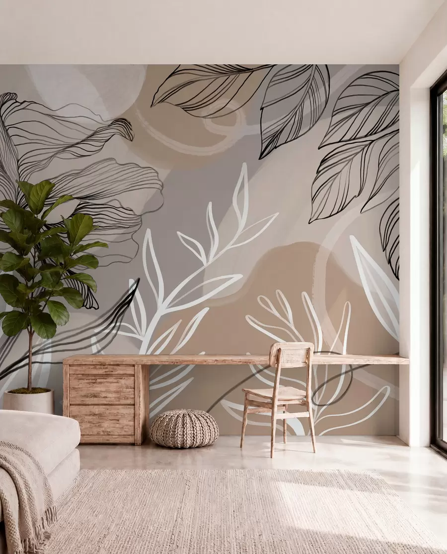 zidne murale Elegantan cvjetni print s velikim apstraktnim linijama cvijeća i lišća u nijansama sive i bež na svijetloj pozadini w08413