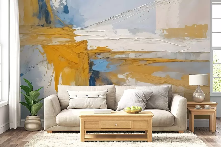 zidne murale Minimalistička apstraktna umjetnička kompozicija s odvažnim potezima žute, plave i bijele boje  w08414