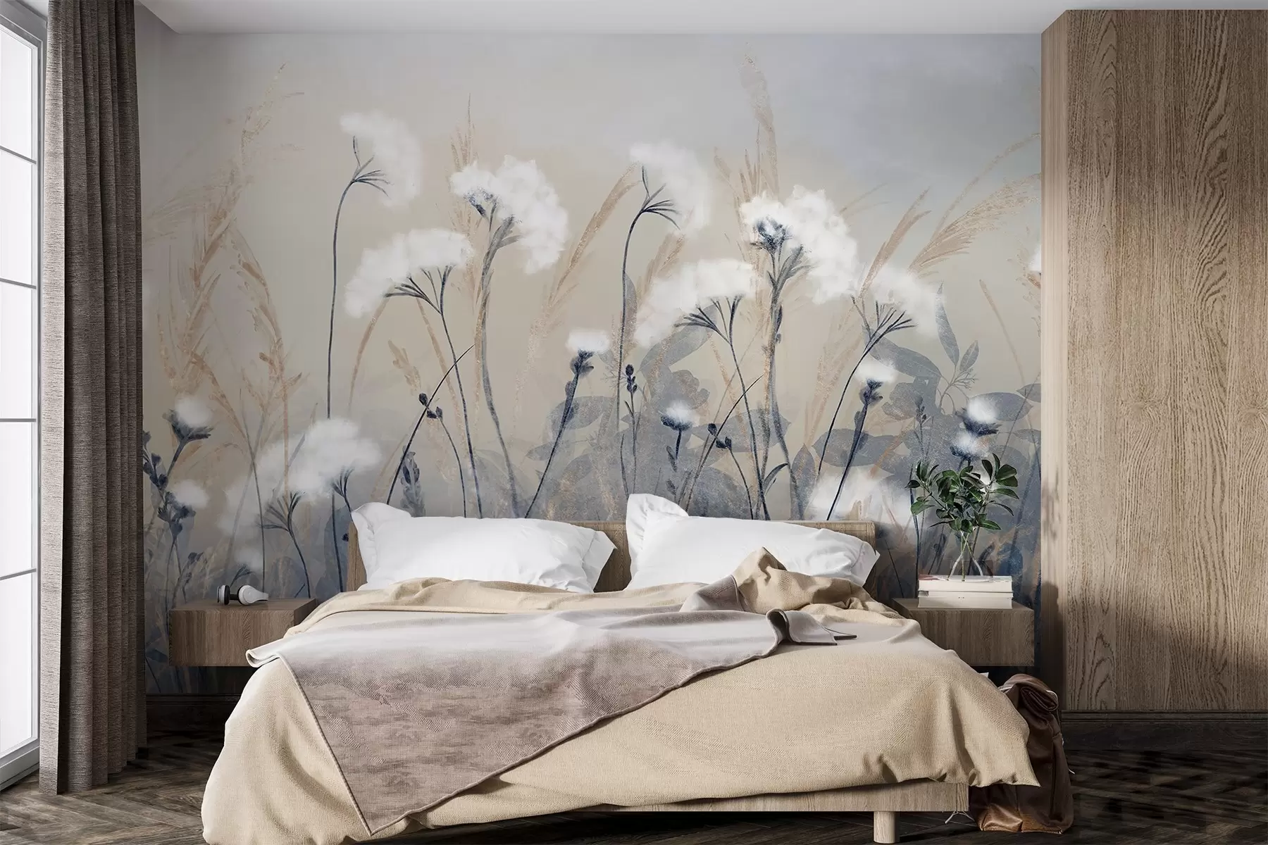 zidne murale Pahuljasta bijela pamučna trava na zamućenoj teksturalnoj pozadini, s mekom, maglovitom i spokojnom atmosferom w08416