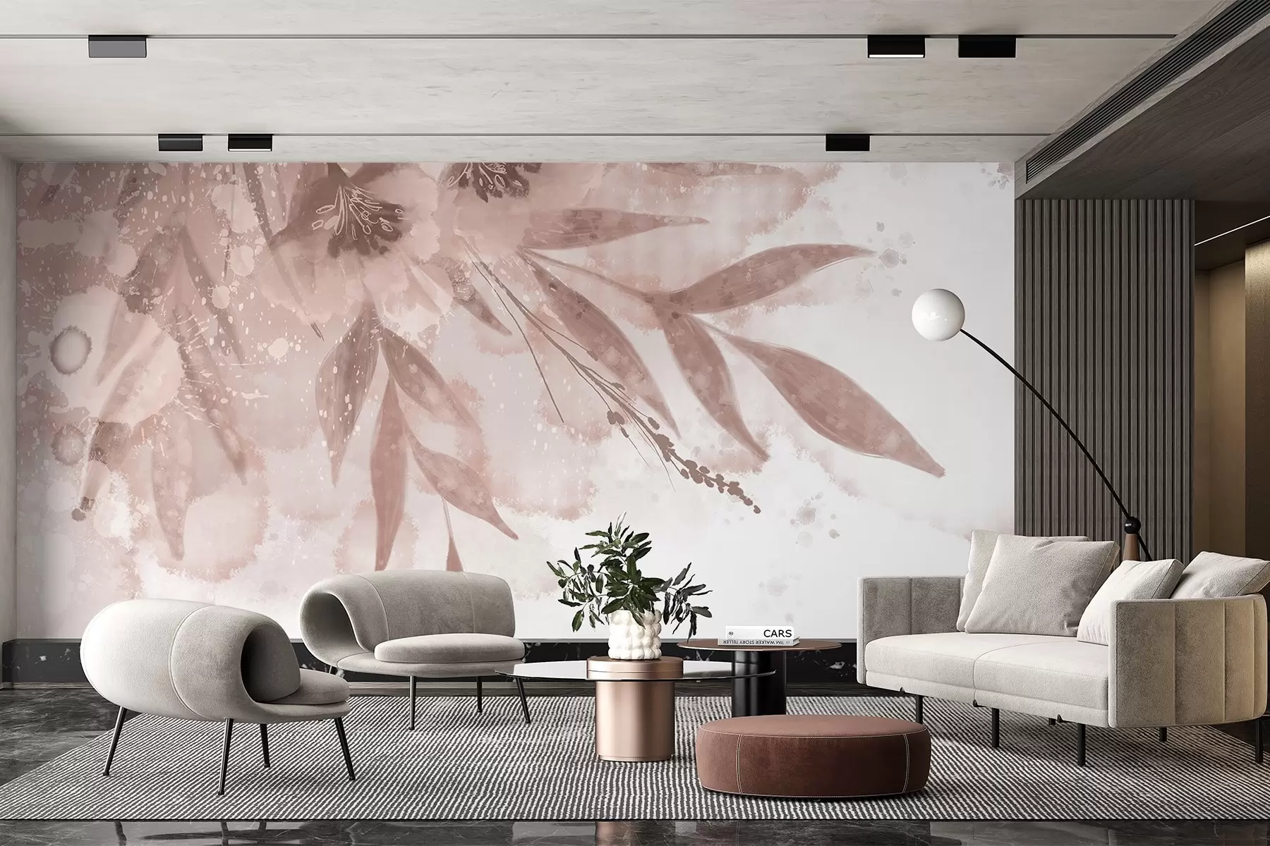 zidne murale Nježne ružičaste mrlje s apstraktnim cvjetnim elementima s mekom, zamućenom pozadinom w08417