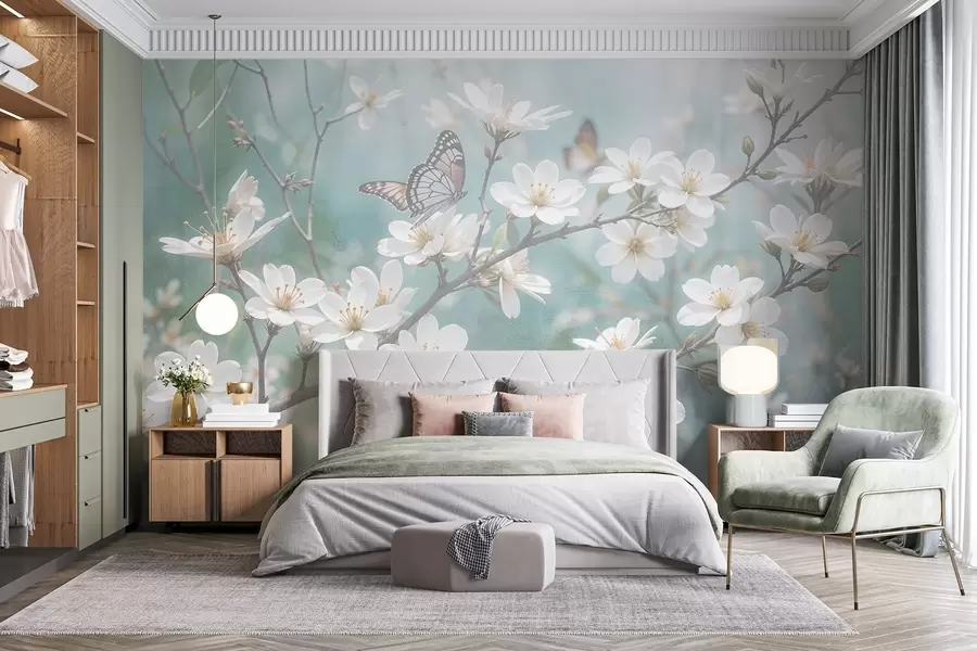 zidne murale Bijeli leptir na grani s nježnim bijelim trešnjinim cvjetovima u prvom planu na zamućenoj pozadini w08421