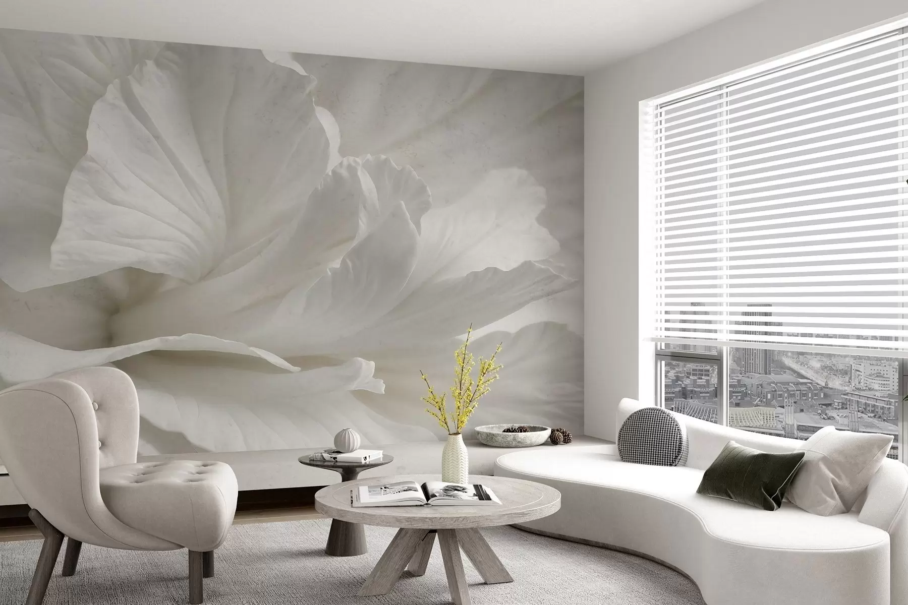 zidne murale Apstraktni minimalistički print nježnog bijelog cvijeta s mekim, baršunastim laticama w08424