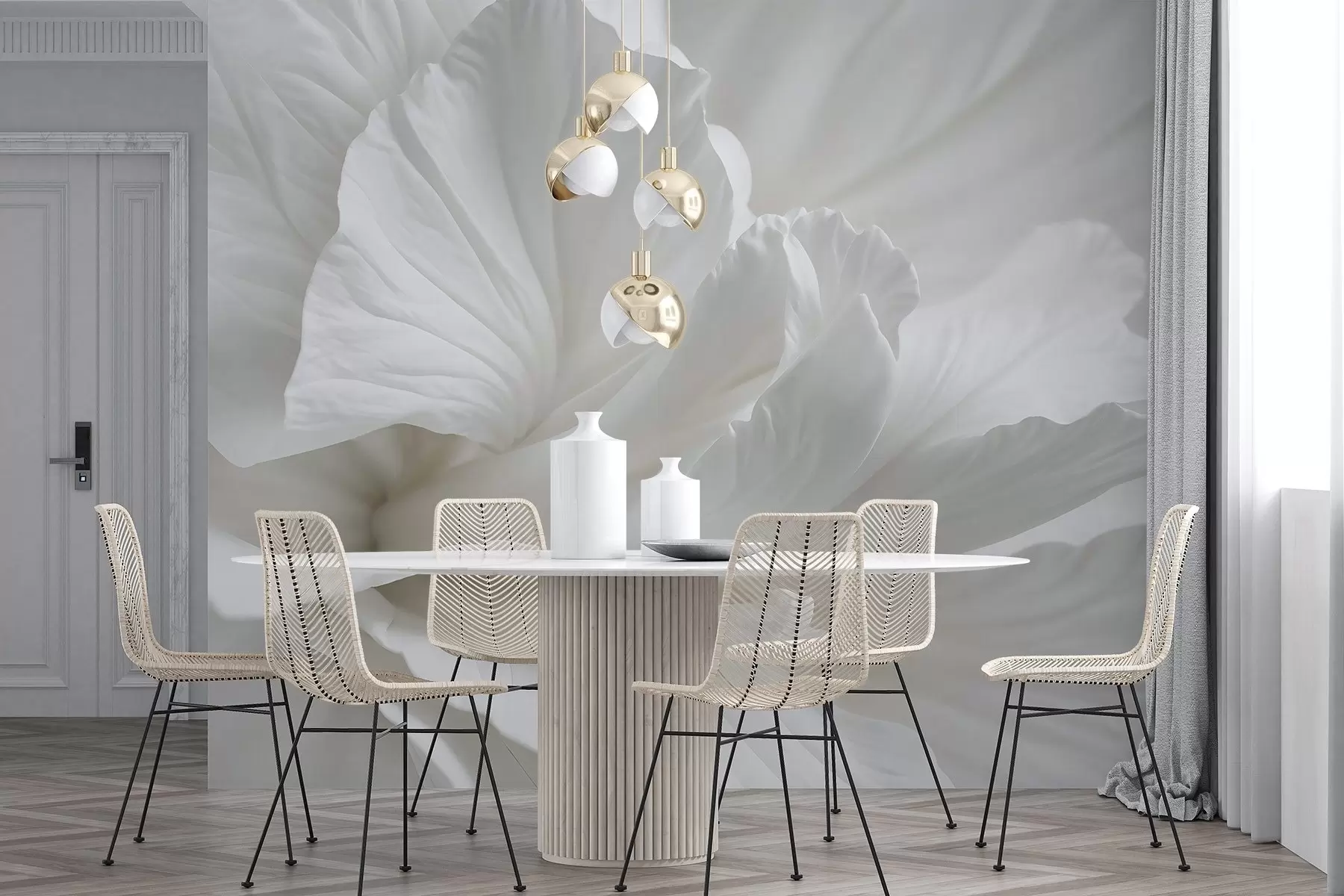 zidne murale Apstraktni minimalistički print nježnog bijelog cvijeta s mekim, baršunastim laticama w08424