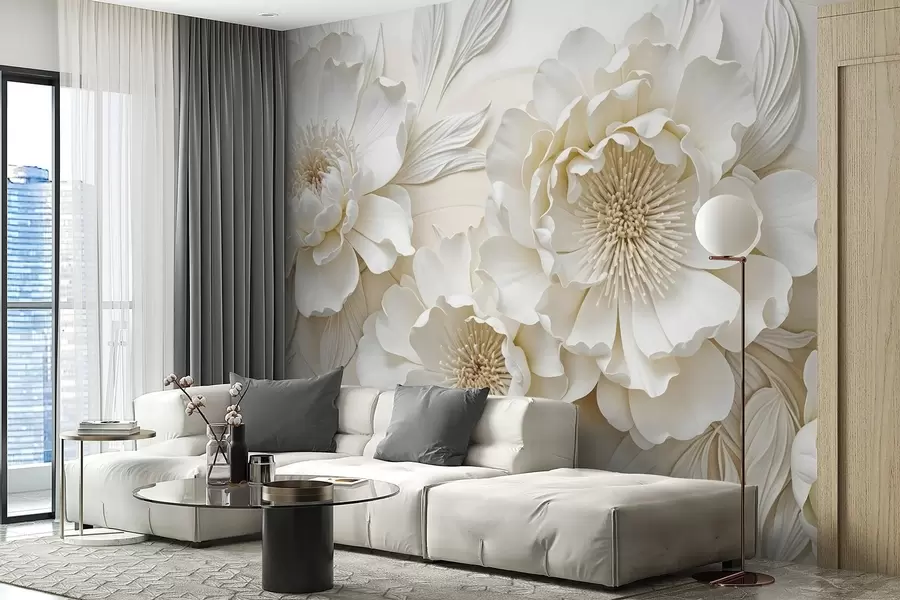 zidne murale Elegantna voluminozna imitacija bijelog cvijeća božura s mekim laticama i pastelno žutim središtem, na svijetloj pozadini w08431
