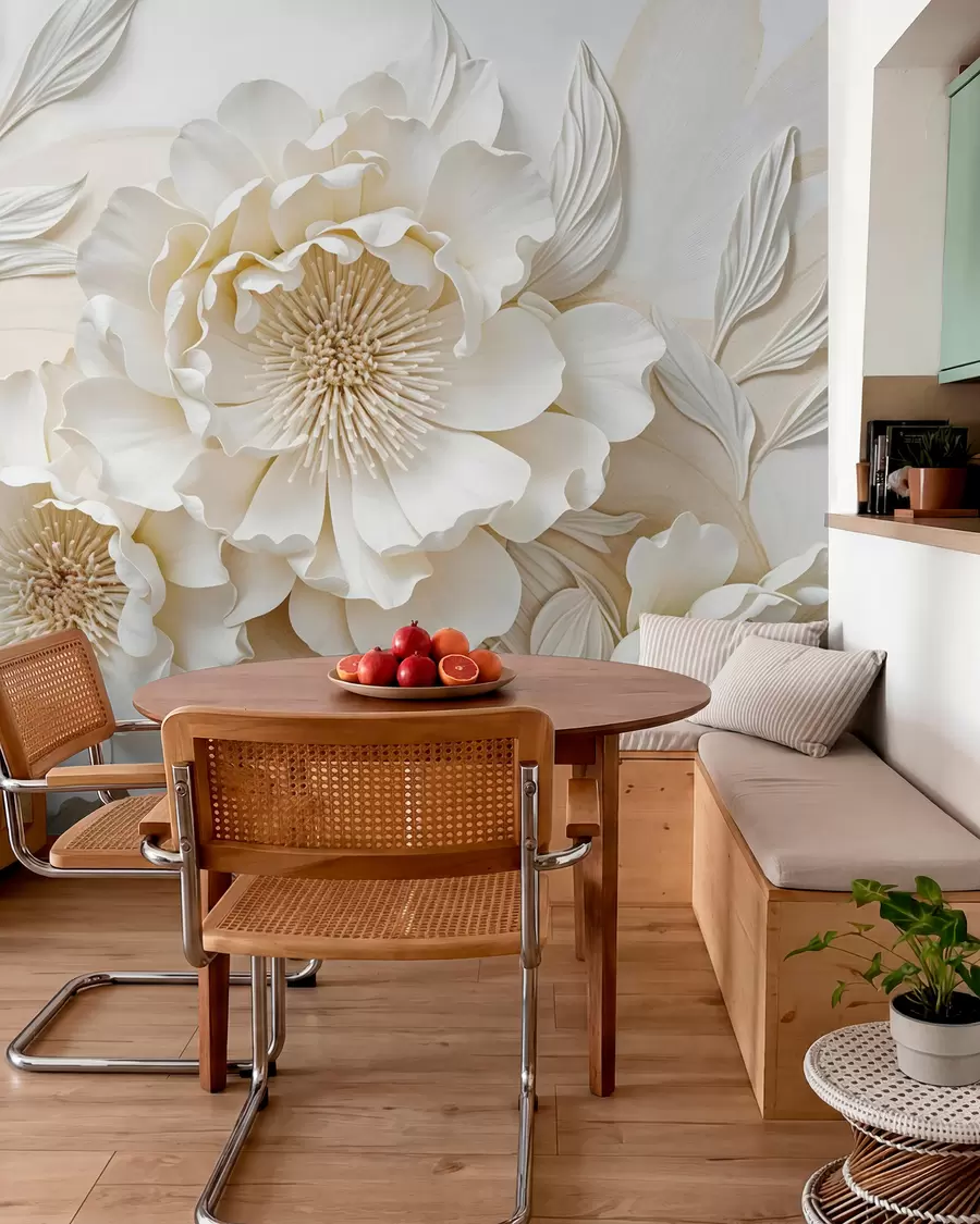 zidne murale Elegantna voluminozna imitacija bijelog cvijeća božura s mekim laticama i pastelno žutim središtem, na svijetloj pozadini w08431