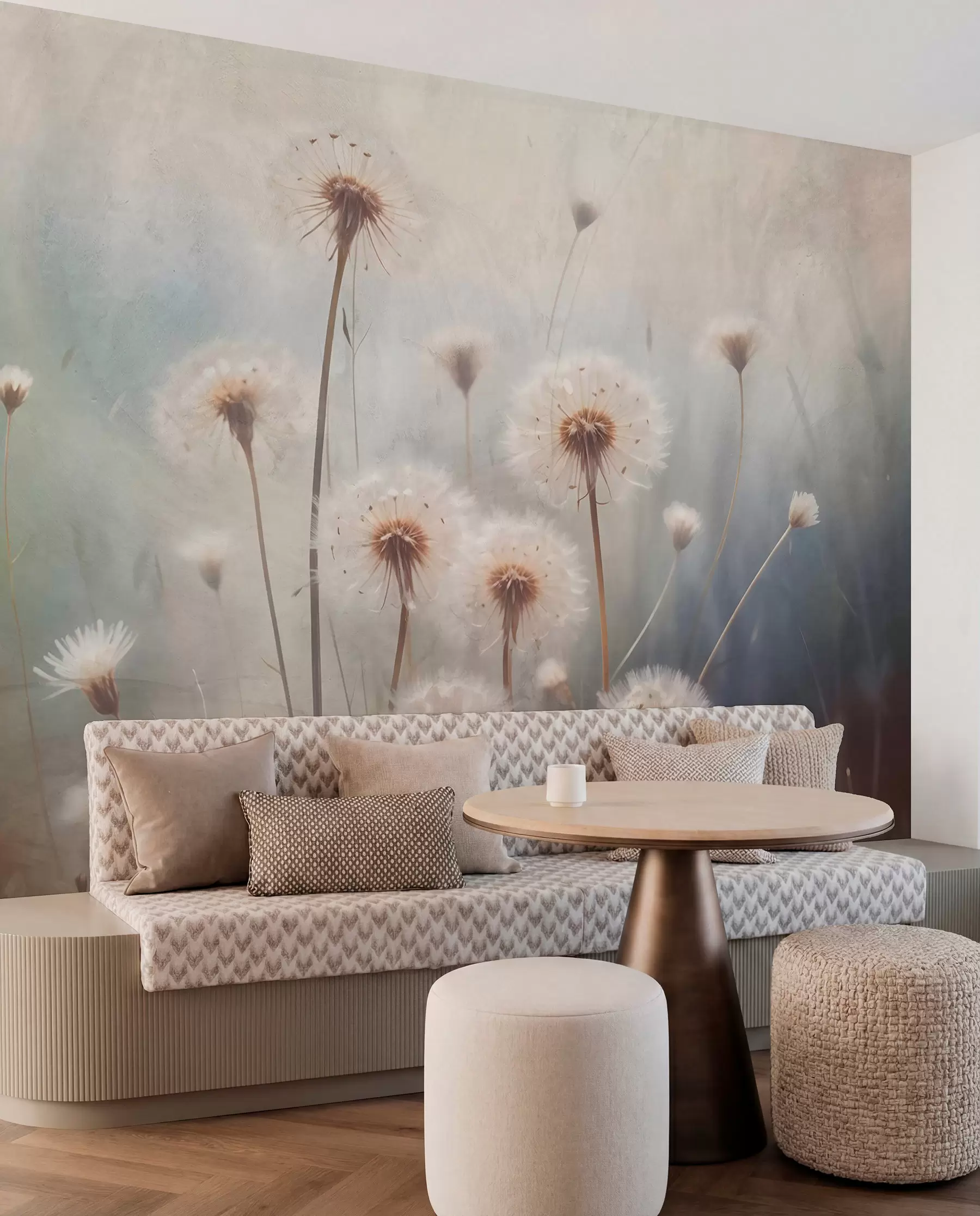 zidne murale Cvjetovi maslačka mekog fokusa u polju, s zamućenom teksturiranom pozadinom pastelnih boja w08432