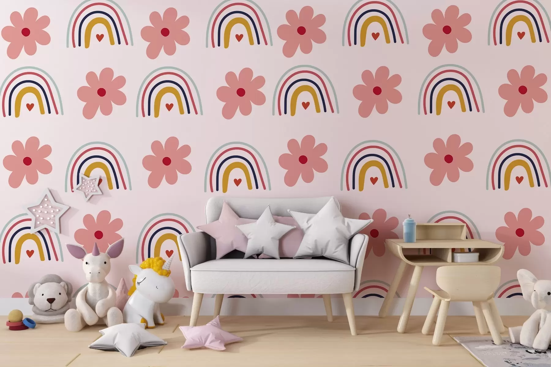 zidne murale Duga i cvijeće u svijetloružičastoj boji w02241v1