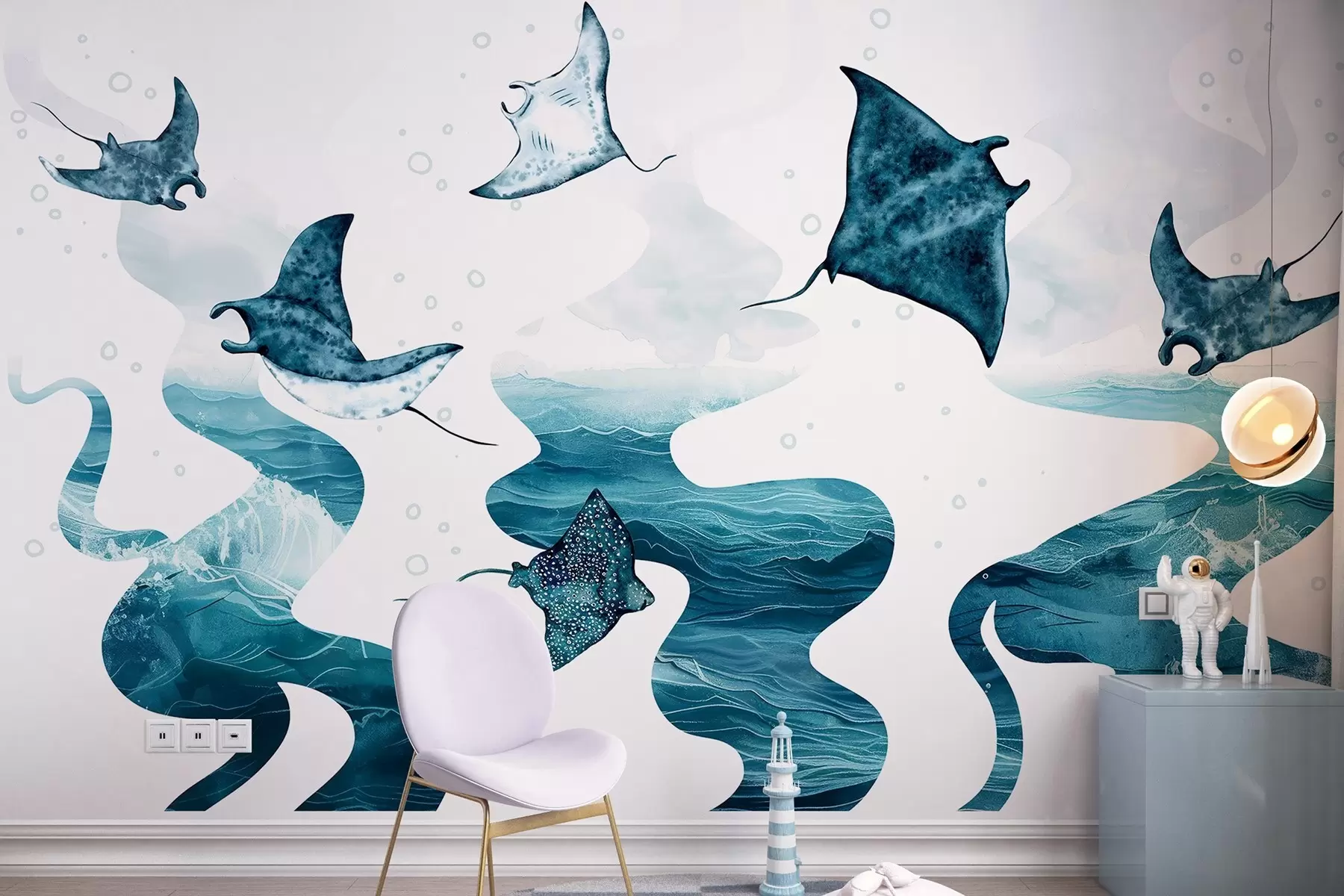 zidne murale Manta raža, stil akvarela, more, ocean, plave boje w02266