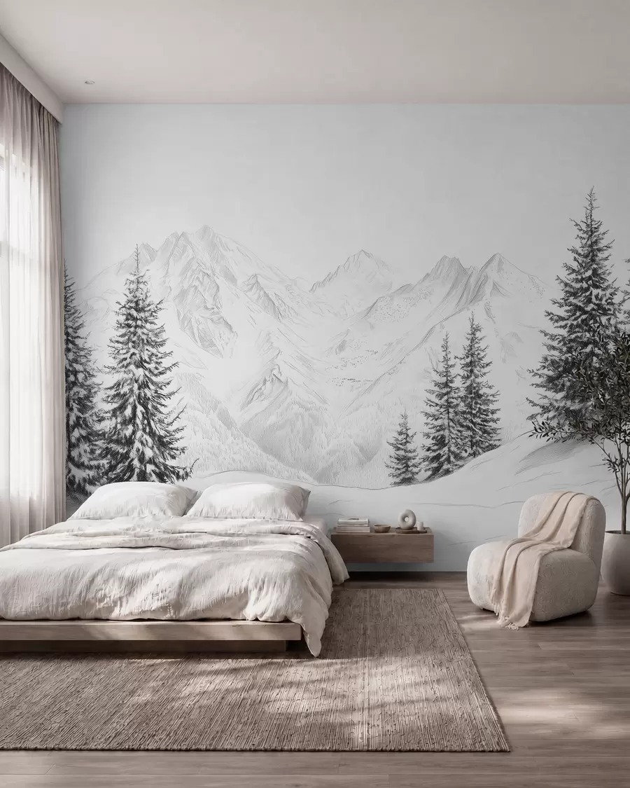 zidne murale Snježne planine, crtež olovkom, minimalizam, šuma, priroda w02351
