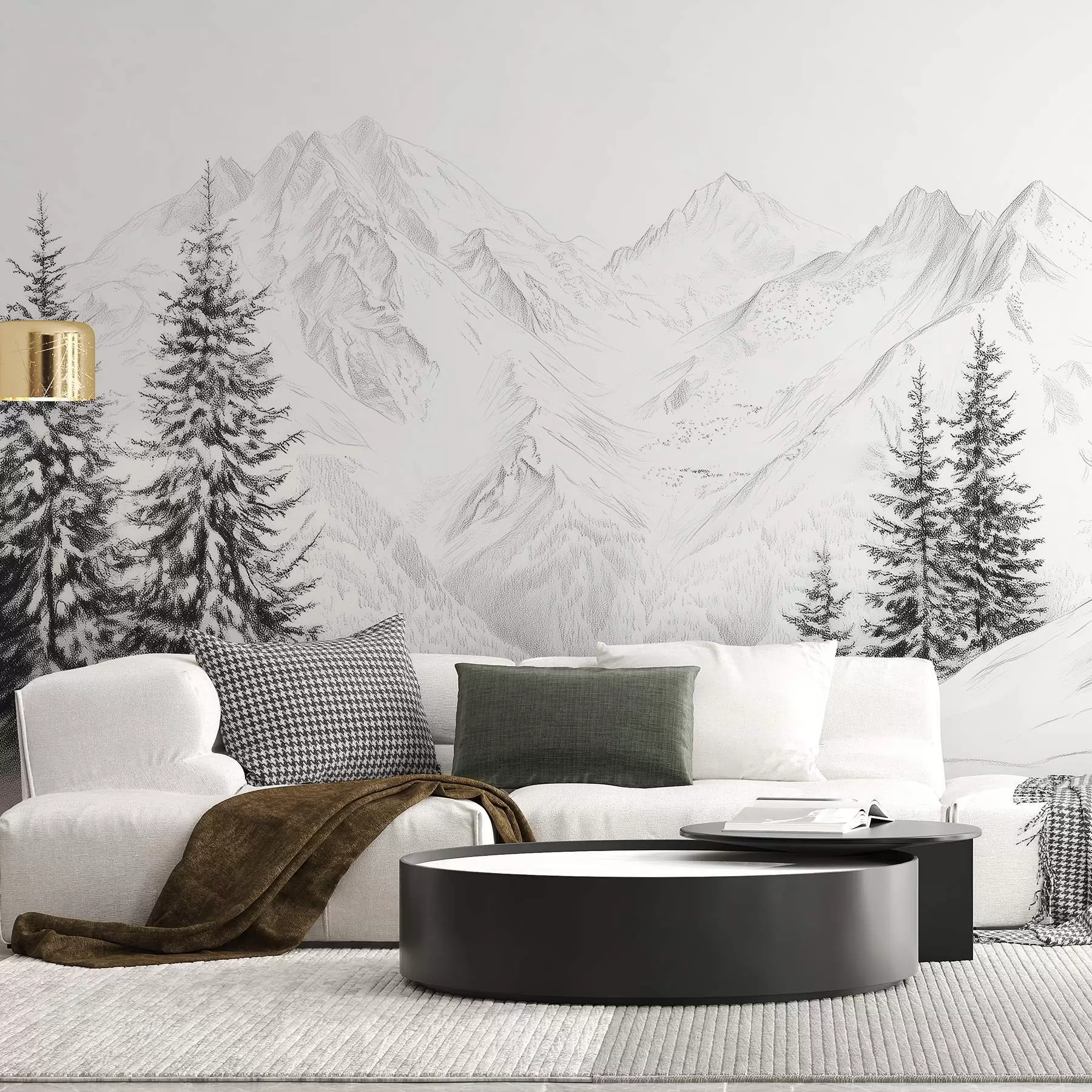 zidne murale Snježne planine, crtež olovkom, minimalizam, šuma, priroda w02351